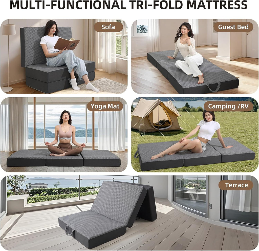 Tri Folding Mattress - Foldable Mattress for Travel/RV/Camping/Road Trip/Guest Room/Yoga, Tri-fold Memory Foam Mattress with Washable Cover, Handle & Non-Slip Bottom