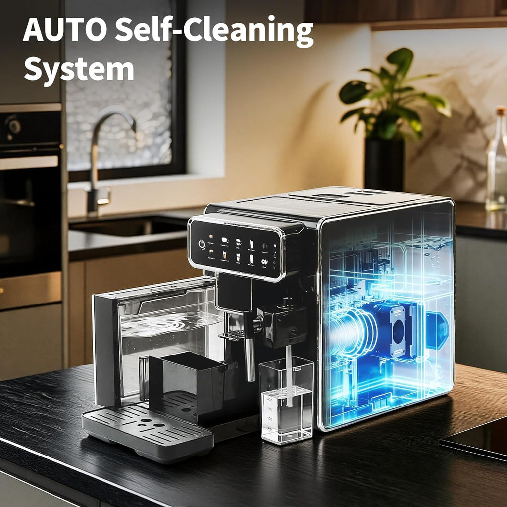 Automatic Espresso Machine with Grinder and Milk Frother - Auto Coffee Maker with 7 One-Touch Coffee Recipes for Latte, Cappuccino, Americano, Iced and Hot Coffee (Grey coffee machine)