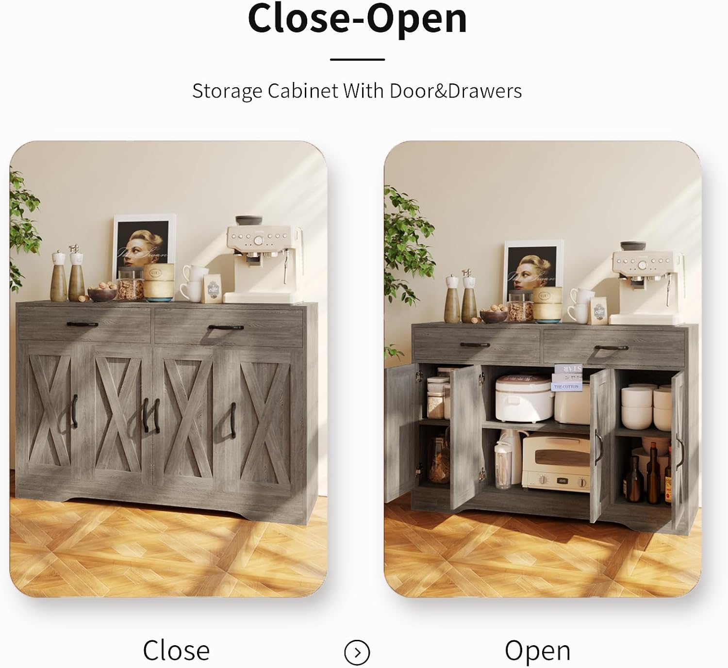 Sideboard Cabinet with Drawers, 47" W Sideboard Buffet Storage Cabinet with Storage for Kitchen, Farmhouse Coffee Bar Cabinets with Shlves and Doors for Hallway, Gray