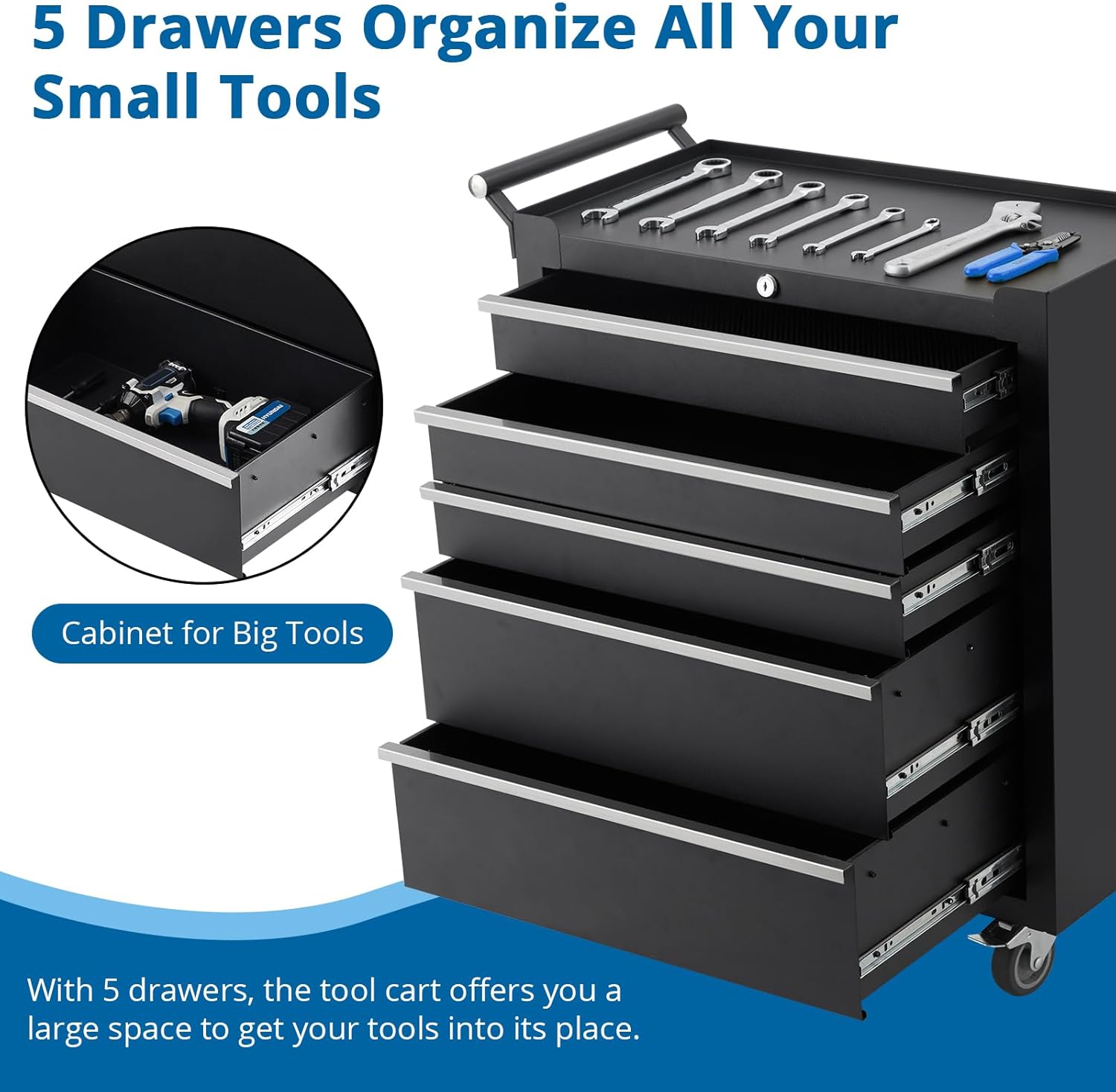 5-Drawer Rolling Tool Chest, Heavy Duty Tool Storage Cabinet with Drawers & Locking Mechanism & Wheels, Multifunctional Utility Tool Storage Chest Organizer for Warehouse, Repair Shop.