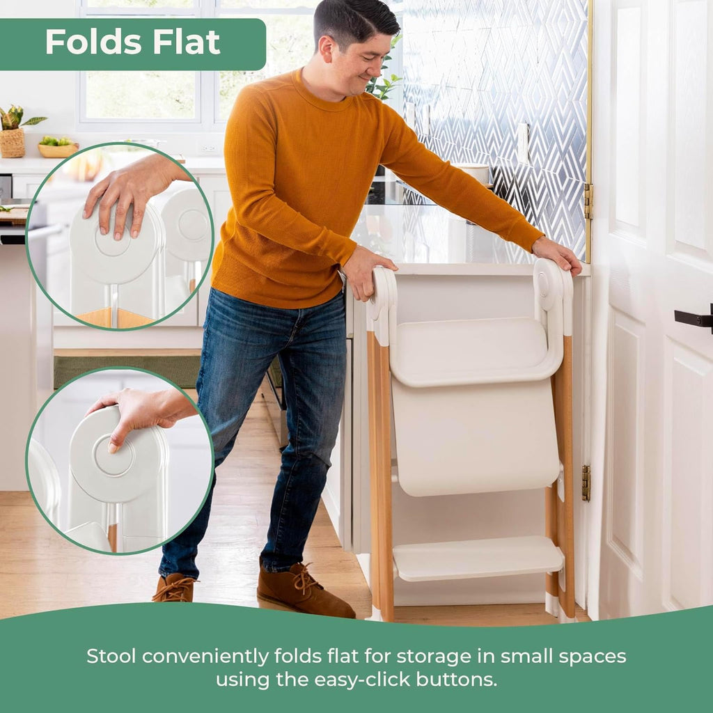 Guidecraft Kitchen Helper Flex Toddler Tower Step Stool for Kids and Adults - White: Adjustable and Foldable Wood Step Stool