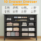 10 Drawer Large Black Dresser for Bedroom, 47.2" Long Chest of Drawers with Deep Drawers, Modern Wooden Storage Dresser for Closet, 36.2" Tall TV Stand for Living Room, Hallway, Entryway