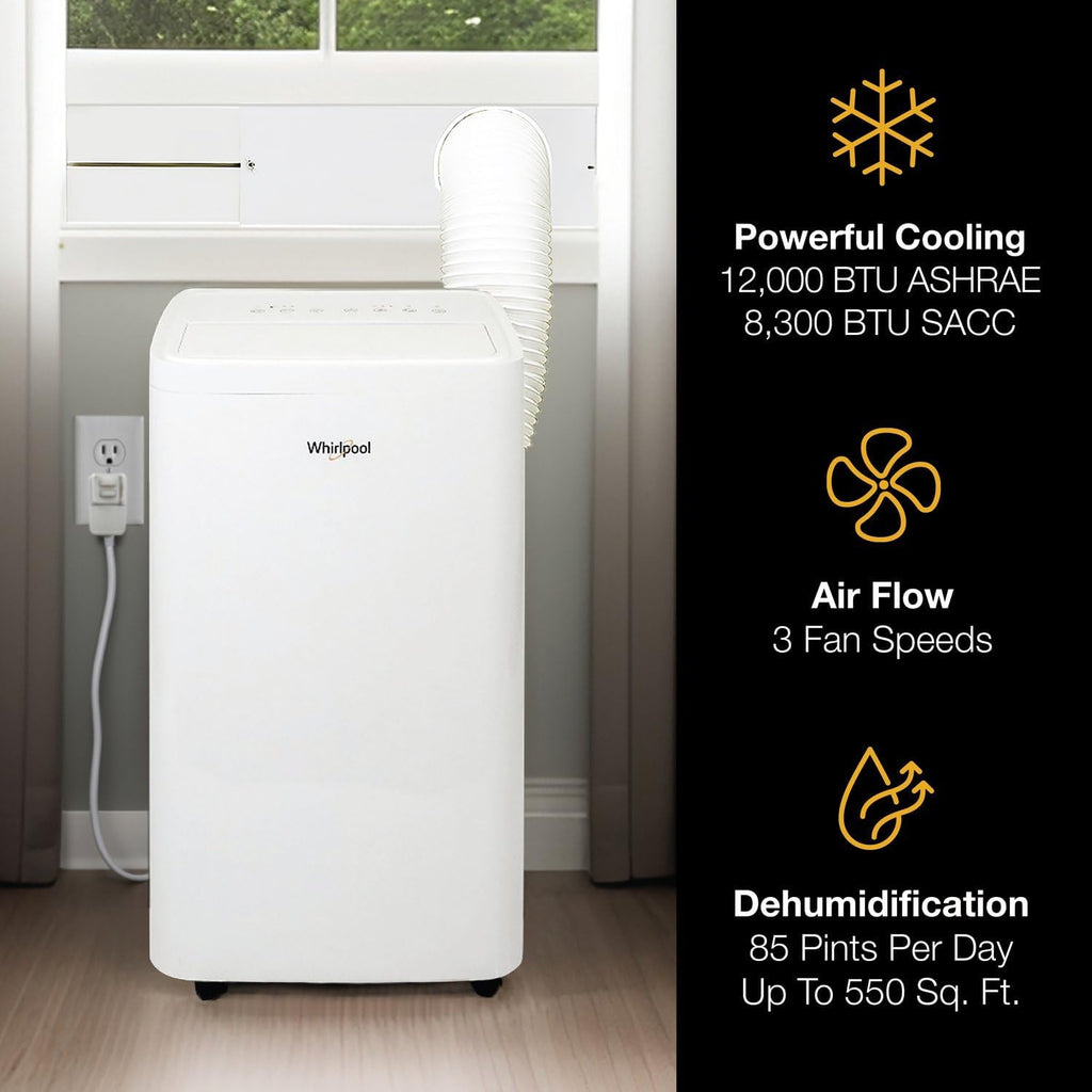 Whirlpool 12,000 BTU Portable Air Conditioner with Dehumidifier for Living Room, Apartment, or Bedroom, 115V, Portable AC for Medium Rooms up to 550 Square Feet with Remote, 3 Speeds, and Timer, White