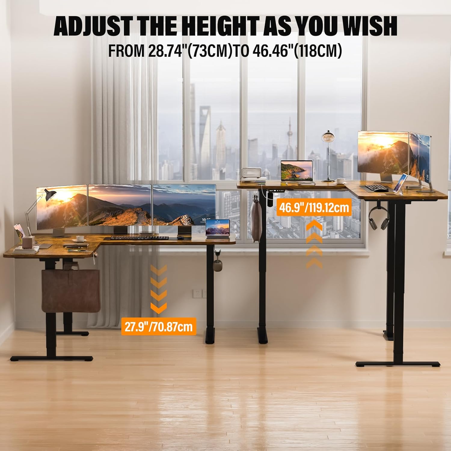 63 x 55 inch L Shaped Standing Desk, Corner Computer Desk, Electric Adjustable Height Stand Up Table, L Sit Stand Desk for Home Office Gaming, Rustic Brown