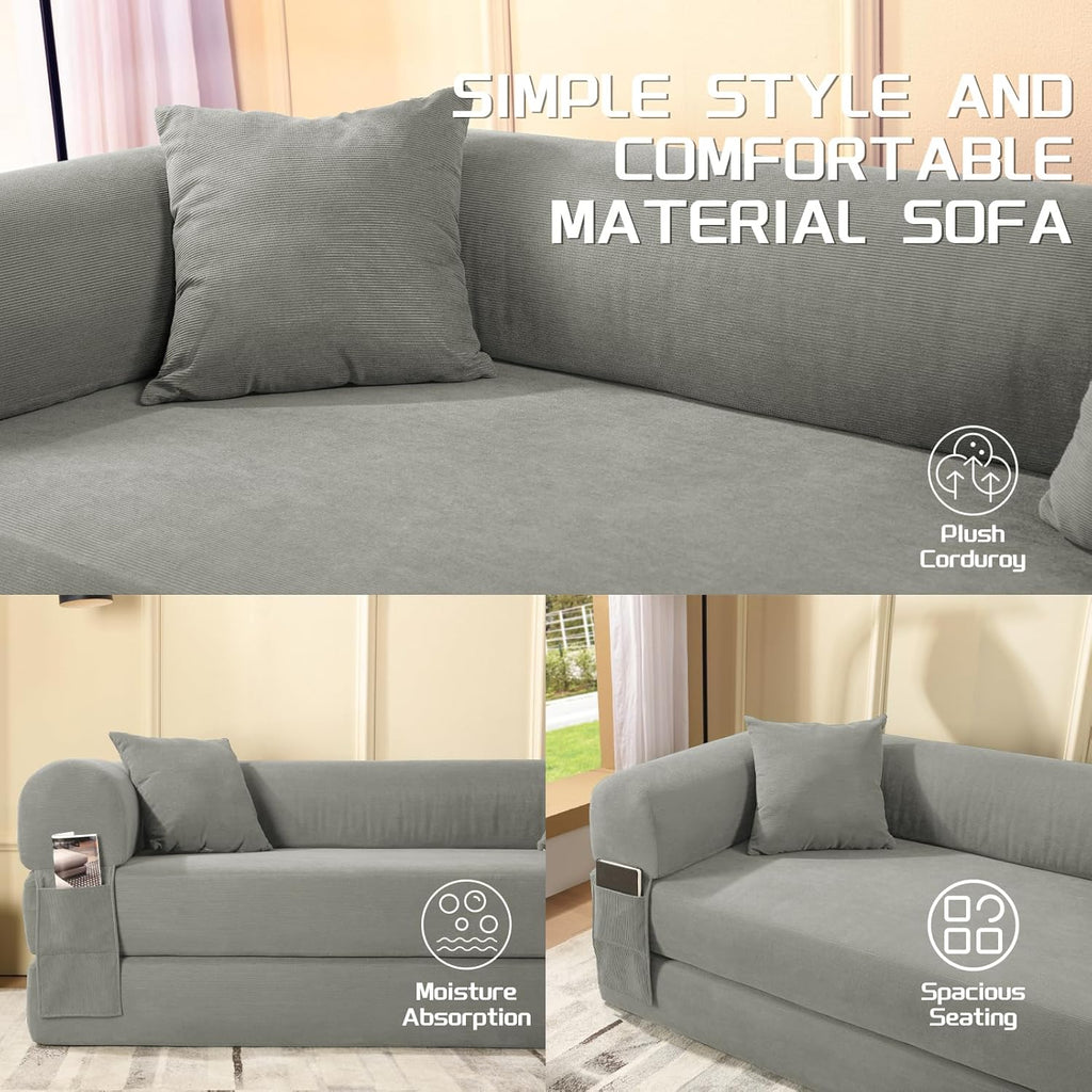4-in-1 Folding Convertible Sofa Bed, 80 Inch Oversized Corduroy Boneless Couch, Loveseat Sleeper with Pull Out Bed, Floor Sofa Modular Futon Teddy Sofa for Living Room Bedroom Lounge, Light Gray