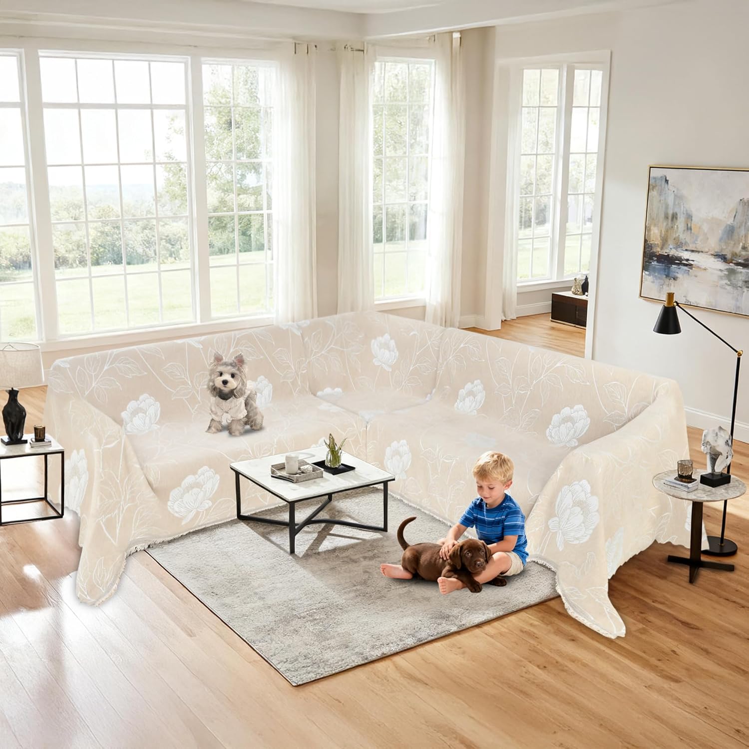 1OO% Waterproof Sectional Couch Covers for Dogs L Shaped Corner Sofa Cover Washable Chenille Sofa Slipcovers Blanket Modern Jacquard Pet Furniture Protector (91"x252", Beige Flower)