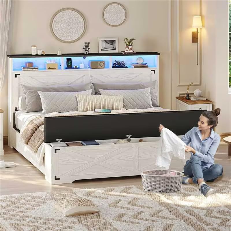 Hasuit Queen Size Bed Frame with Storage Ottoman, Farmhouse Bed Frame with Charging Station and Led Light, Headboard with Storage Rack, Metal Slats, No Noise Design, No Box Spring Needed,Walnut White