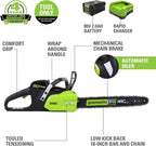 Greenworks 80V 18" Brushless Cordless Chainsaw (Great For Tree Felling  Limbing  Pruning  and Firewood) / 75+ Compatible Tools)  2.0Ah Battery and Rapid Charger Included