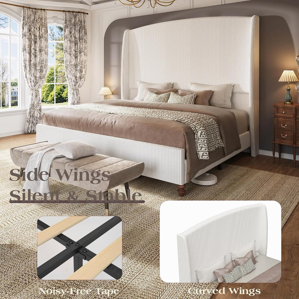 King Size Upholstered Bed Frame with 65.7" Tall Headboard Wingback, Soft Washable Corduroy Beds Cover, Solid Wood Legs, Noise-Free, No Box Spring Needed, Cream