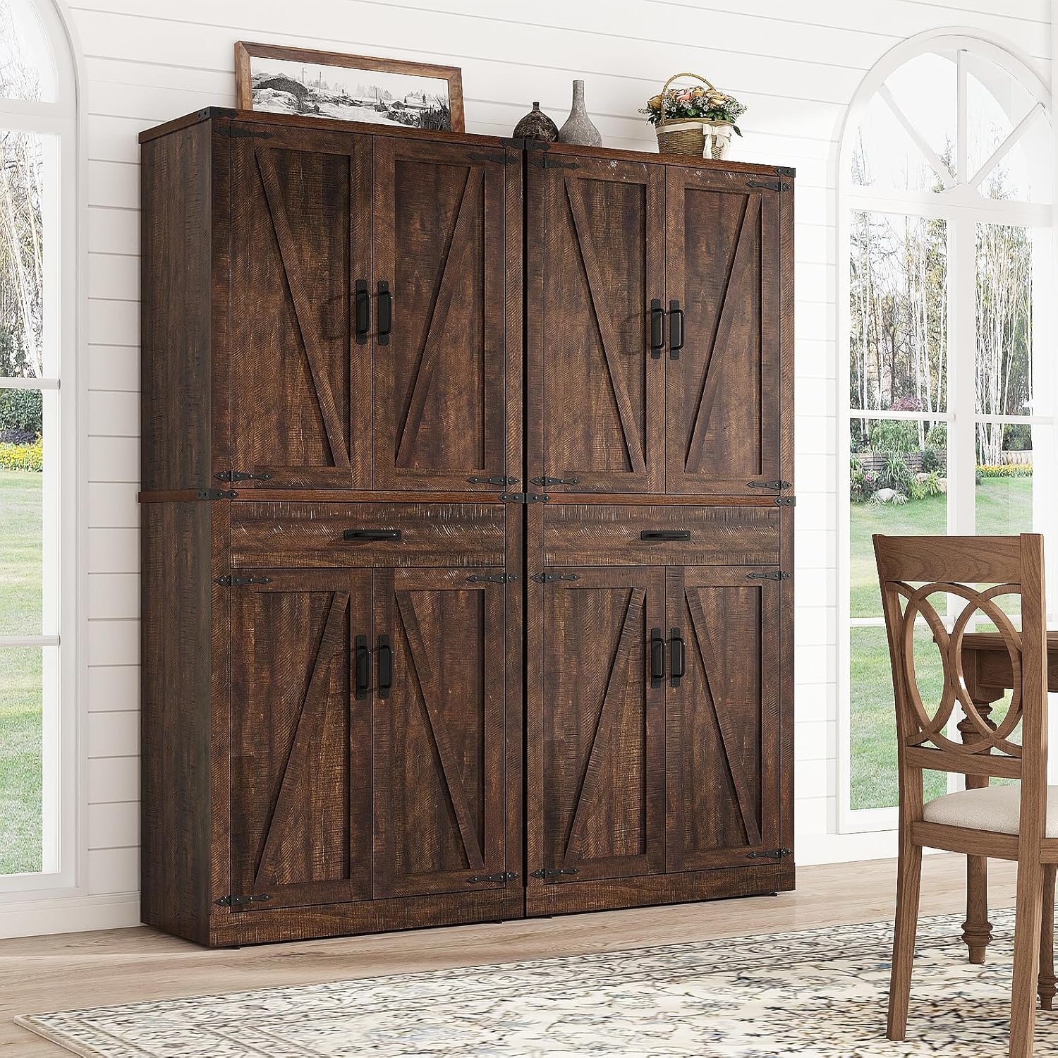 72" Tall Farmhouse Kitchen Pantry Cabinet with Drawer, Rustic Wood Cupboard Storage Cabinet w/Organizer and 4 Barn Doors, Storage Cabinet for Kitchen, Dining Room, Living Room, Brown