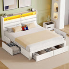 Seventable Full Size Bed Frame with 4 Storage Drawers & Charging Station, Upholstered Platform Bed with Storage Headboard and LED Light, No Box Spring Needed, Noise Free, Easy Assembly, Cream White
