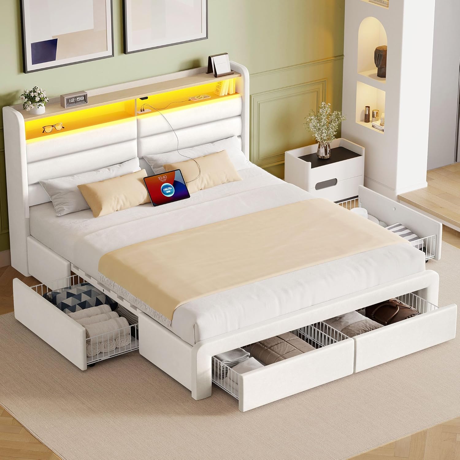 Seventable Full Size Bed Frame with 4 Storage Drawers & Charging Station, Upholstered Platform Bed with Storage Headboard and LED Light, No Box Spring Needed, Noise Free, Easy Assembly, Cream White