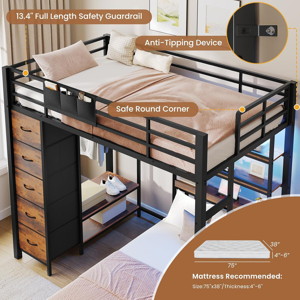VIAGDO Bunk Bed Twin Over Twin with 5 Storage Drawers, Twin Bunk Beds with Charging Station and Lights, L-Shaped Metal Bunk Bed with Shelves, Bedside Pocket, Guardrail & Ladder for Kids, Teens, Black