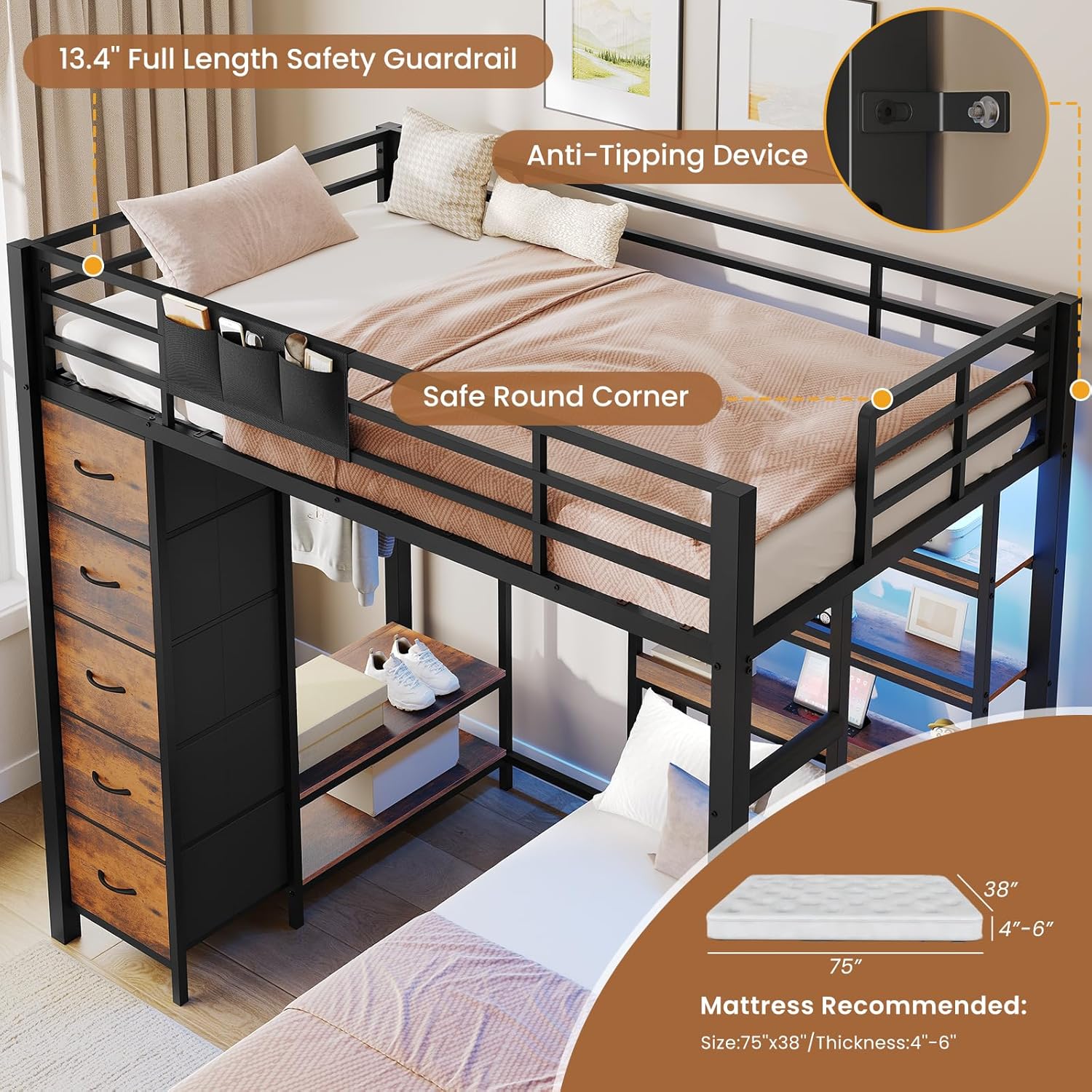 VIAGDO Bunk Bed Twin Over Twin with 5 Storage Drawers, Twin Bunk Beds with Charging Station and Lights, L-Shaped Metal Bunk Bed with Shelves, Bedside Pocket, Guardrail & Ladder for Kids, Teens, Black