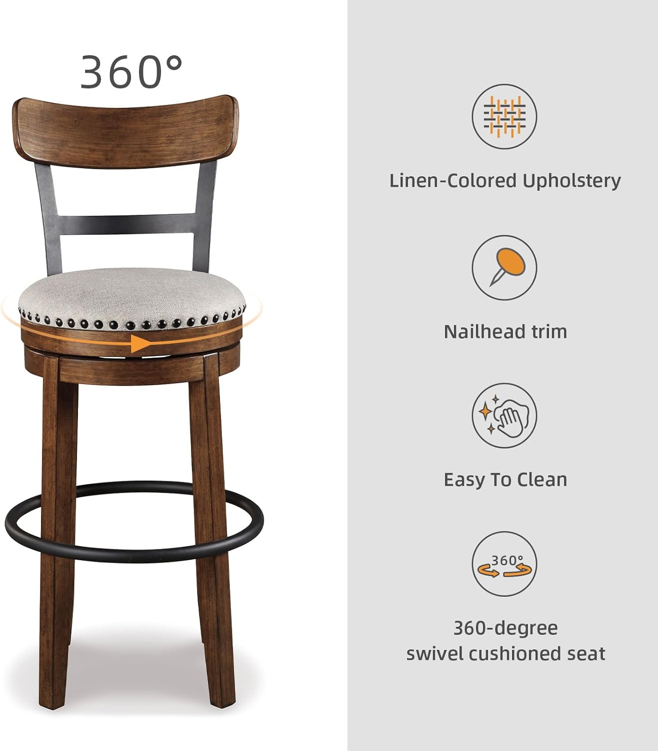 Signature Design by Ashley Valebeck | 30″ Farmhouse Pub-Height Swivel Barstool With Back – Upholstered Cushion, Nailhead Trim, Metal & Wood Frame, Brown
