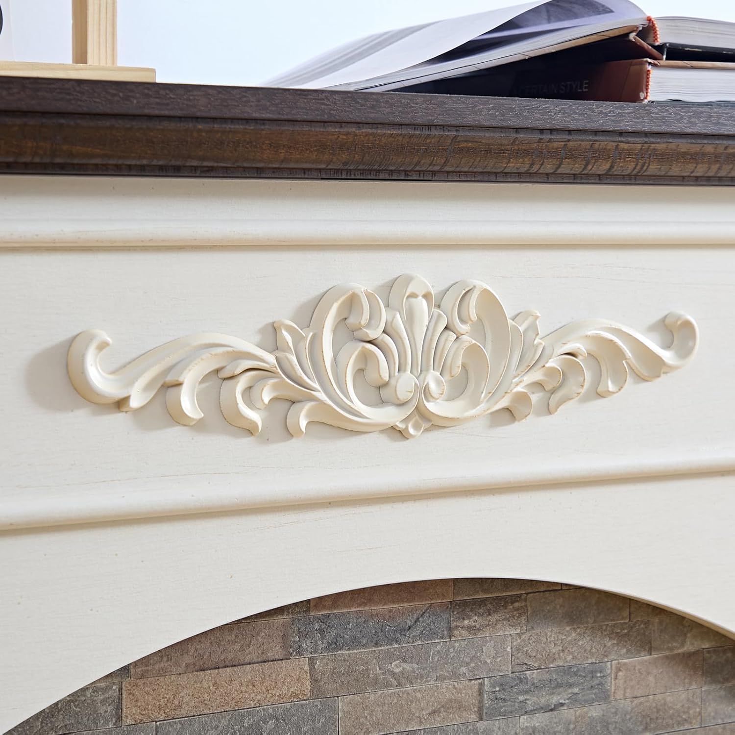 44Inch Electric Fireplace with Mantel, Farmhouse TV Stand with Electric Fire Place Heater, Stacked Stone Surround,White Firebox with 23" Fireplace Insert for Bedroom,Living Room