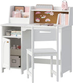 Treocho Kids Study Desk and Chair Set, Kids Desk with Hutch and Tiltable Desktop for 3-8 Years Old, Wooden Children Study Table with Storage Cabinet, Student Writing Desks Bedroom, Home School, White
