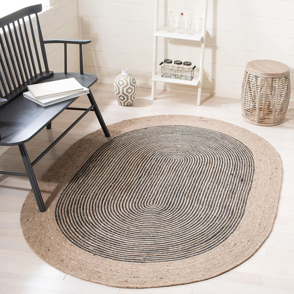 SAFAVIEH Braided Collection Area Rug - 8' x 10' Oval, Beige & Black, Handmade Country Cottage Reversible Wool, Ideal for High Traffic Areas in Living Room, Bedroom (BRD904B)