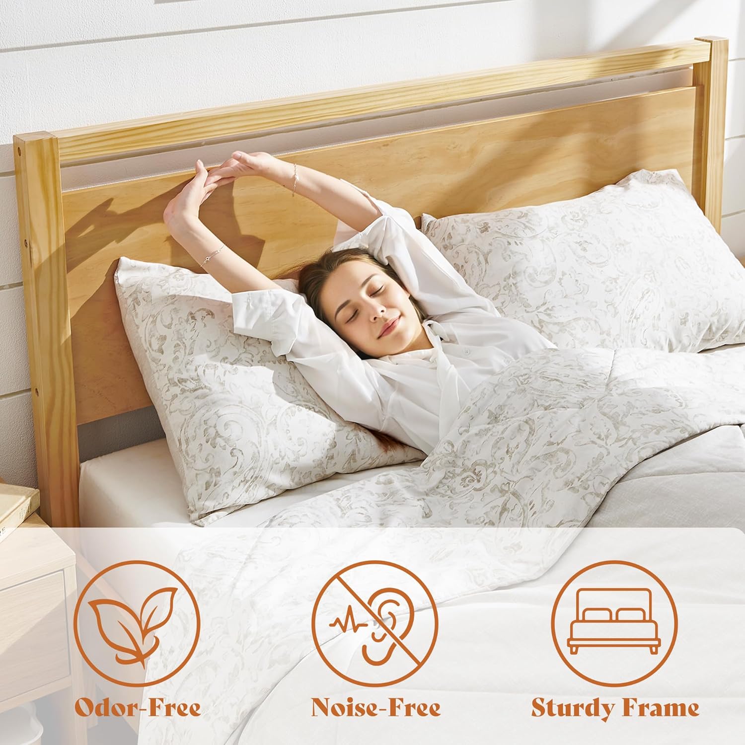 AMERLIFE Full Size Solid Wood Bed Frame with Headboard, Minimalist Platform Bed with Wood Slats Support/No Box Spring Needed/Easy Assembly/Noise-Free, Natural