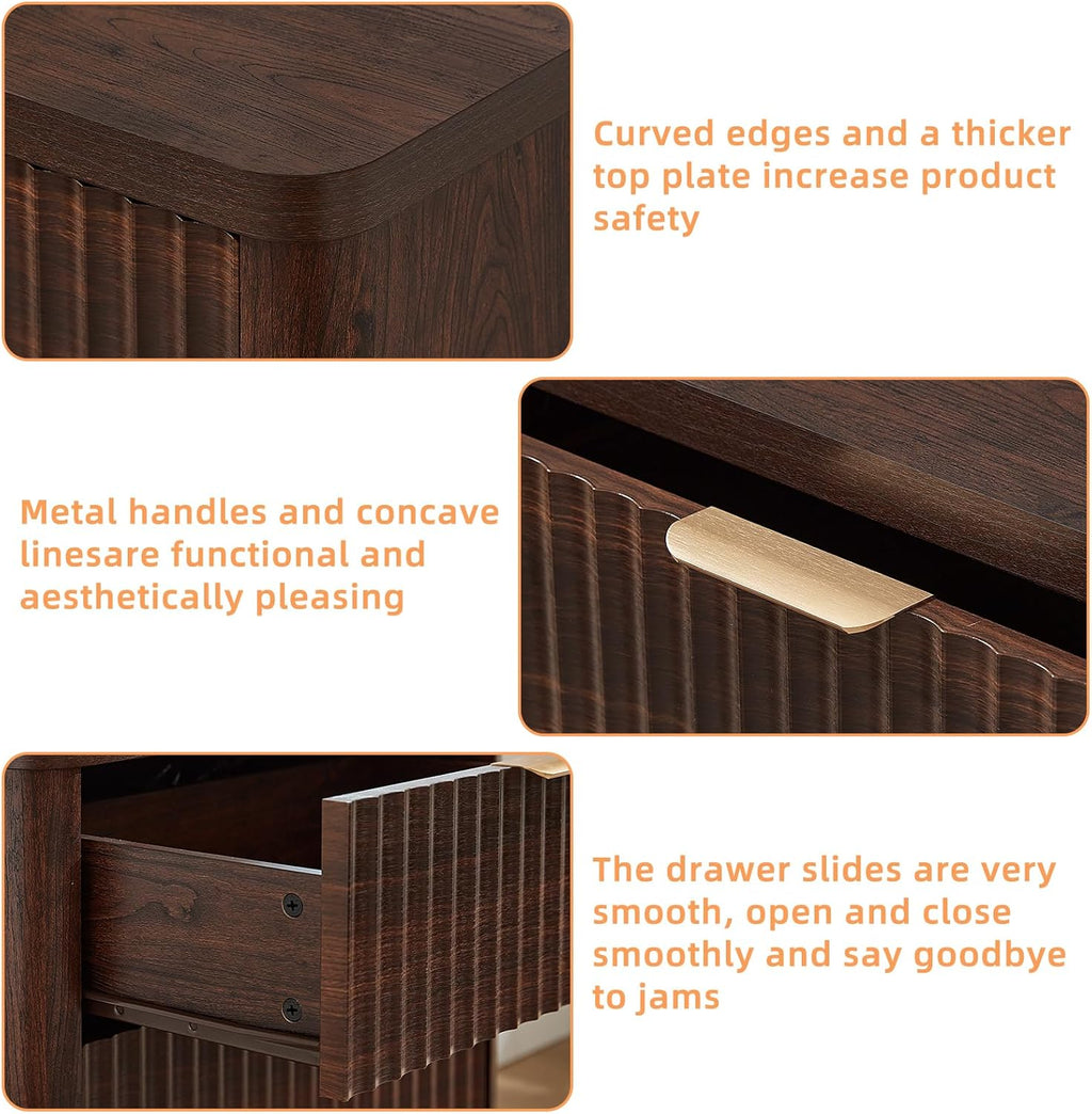 LEYAOYAO Fluted Farmhouse Nightstand Set of 2 with Charging Station, 23" Wide 3 Drawers Night Stand,Walnut Dresser for Bedroom,Bed Side Table Chest of Drawers,Wood End Table for Living Room