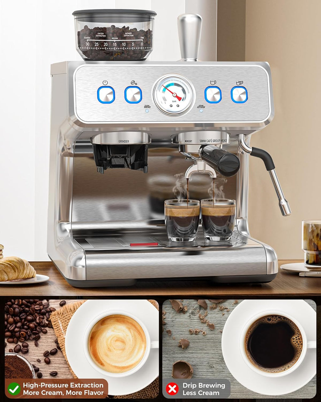 20 Bar Espresso Machine with Grinder & Milk Frother Steam Wand, 58mm Expresso Coffee machines, Stainless Steel Coffee Maker for Cappuccino and Latte, Perfect for Home and Café Use