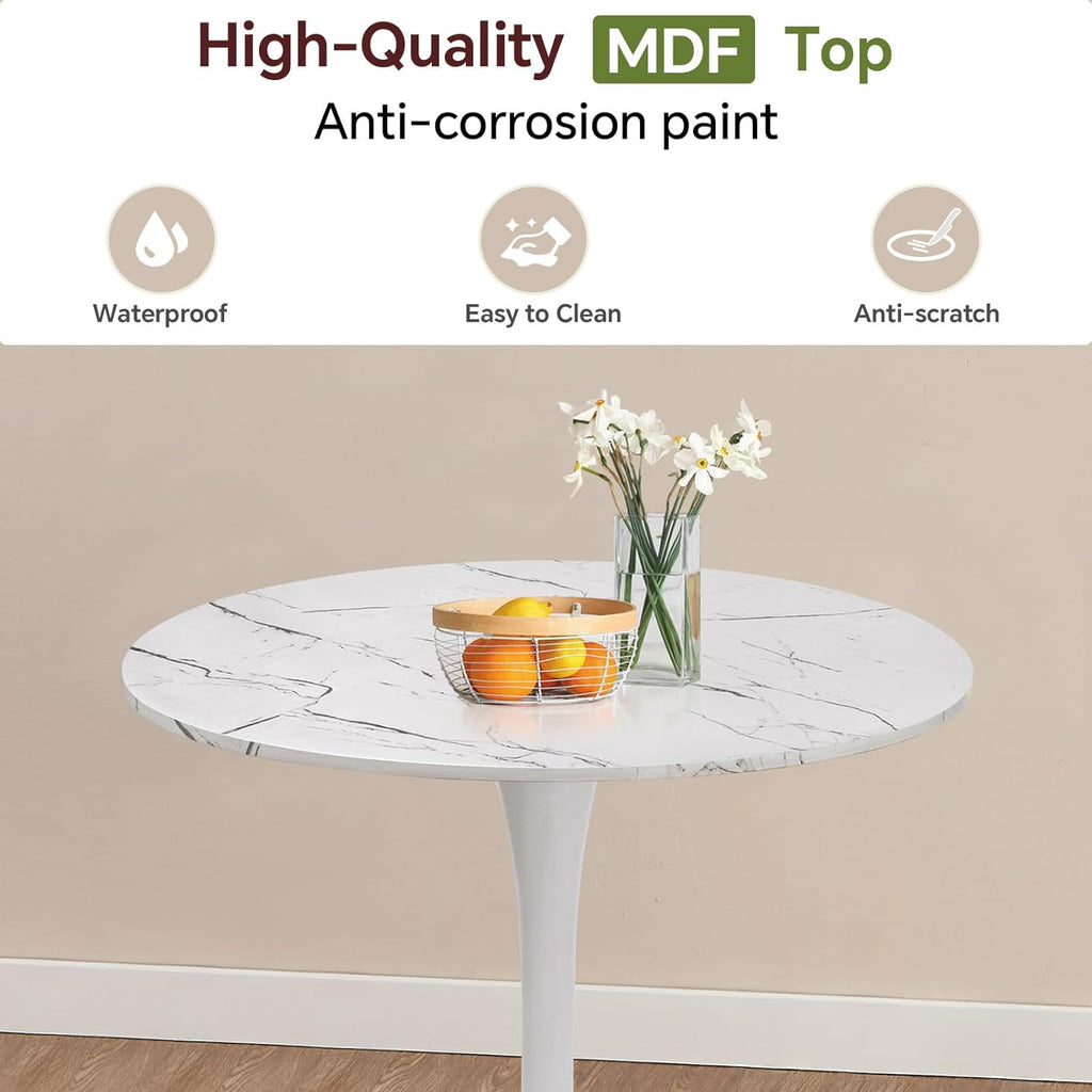 Round Dining Table 27.5" Faux Marble White Tulip Table with Pedestal Base for 2-4 People Small Space - Kitchen Living Room Cafe