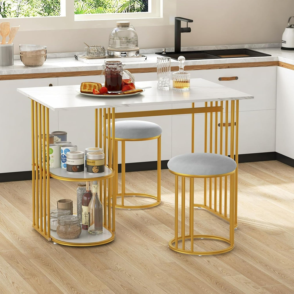 Giantex 3-Piece Dining Table Set for 2, Rectangular Kitchen Table with 2 Stools, 2-Tier Storage Shelf, Upholstered Seat, Faux Marble Top, Metal Frame, Dinette Desk, Breakfast Desk for Small Space