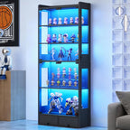 Glass Display Cabinet 69''H with LED Lights, 5-Tier Showcase with Drawers, Collectible Figure Display Case, Freestanding Curio Cabinet, Tall Storage Shelves, Black, 27.6''W