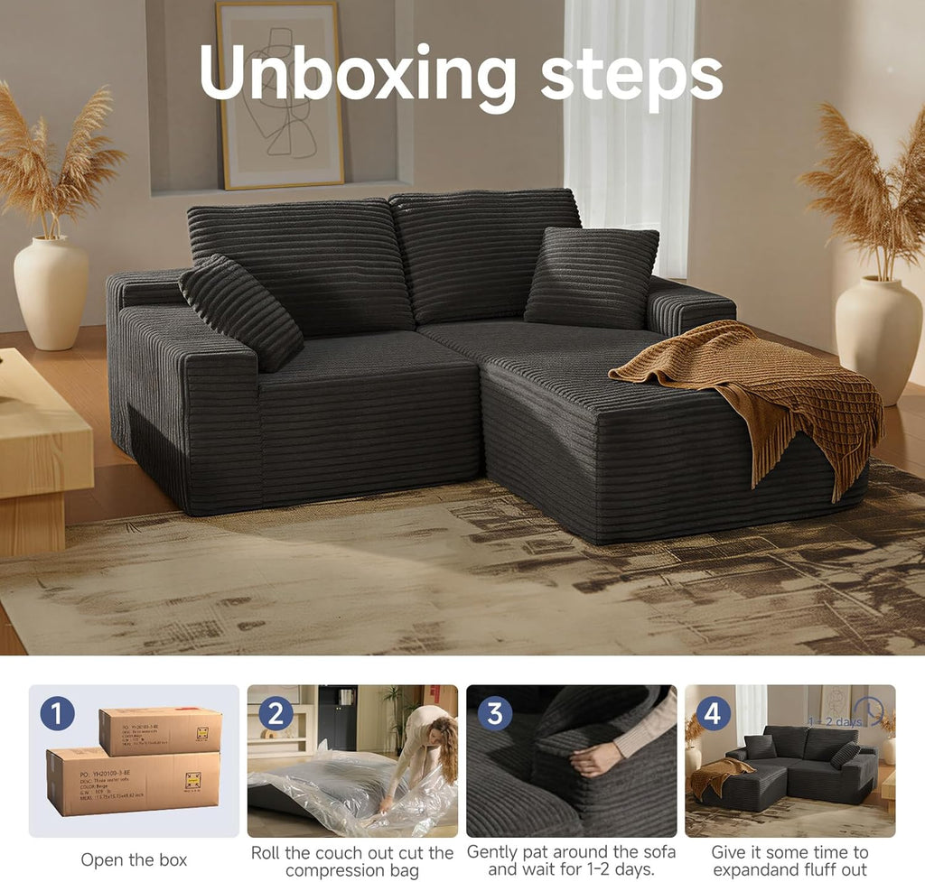 75" Cloud Modular Boneless Couch, L-Shaped Right Facing Chaise Sectional Sofa, Deep Seat Plush Corduroy Upholstery - Memory Foam Comfy Fluffy Couches for Living Room Bedroom, No Assembly Required