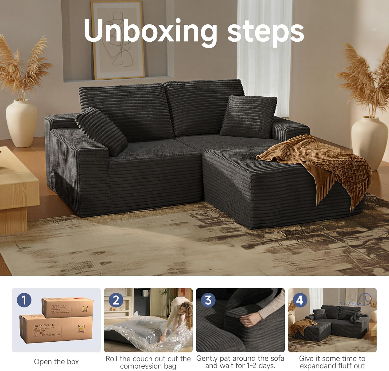 75" Cloud Modular Boneless Couch, L-Shaped Right Facing Chaise Sectional Sofa, Deep Seat Plush Corduroy Upholstery - Memory Foam Comfy Fluffy Couches for Living Room Bedroom, No Assembly Required