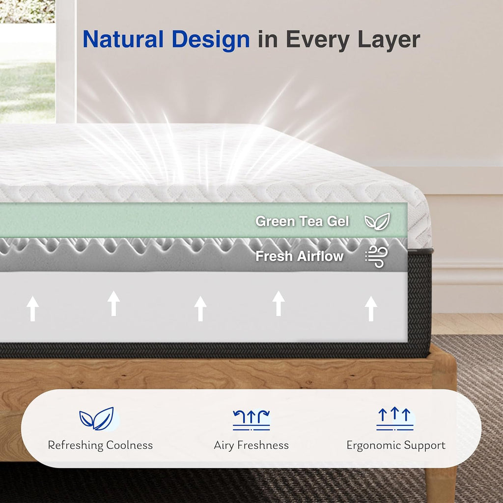 12 Inch King Green Tea Memory Foam Mattress for Cool Sleep & Pressure Relief, Bed in a Box, Removable Cover No Fiberglass, CertiPUR-US Certified