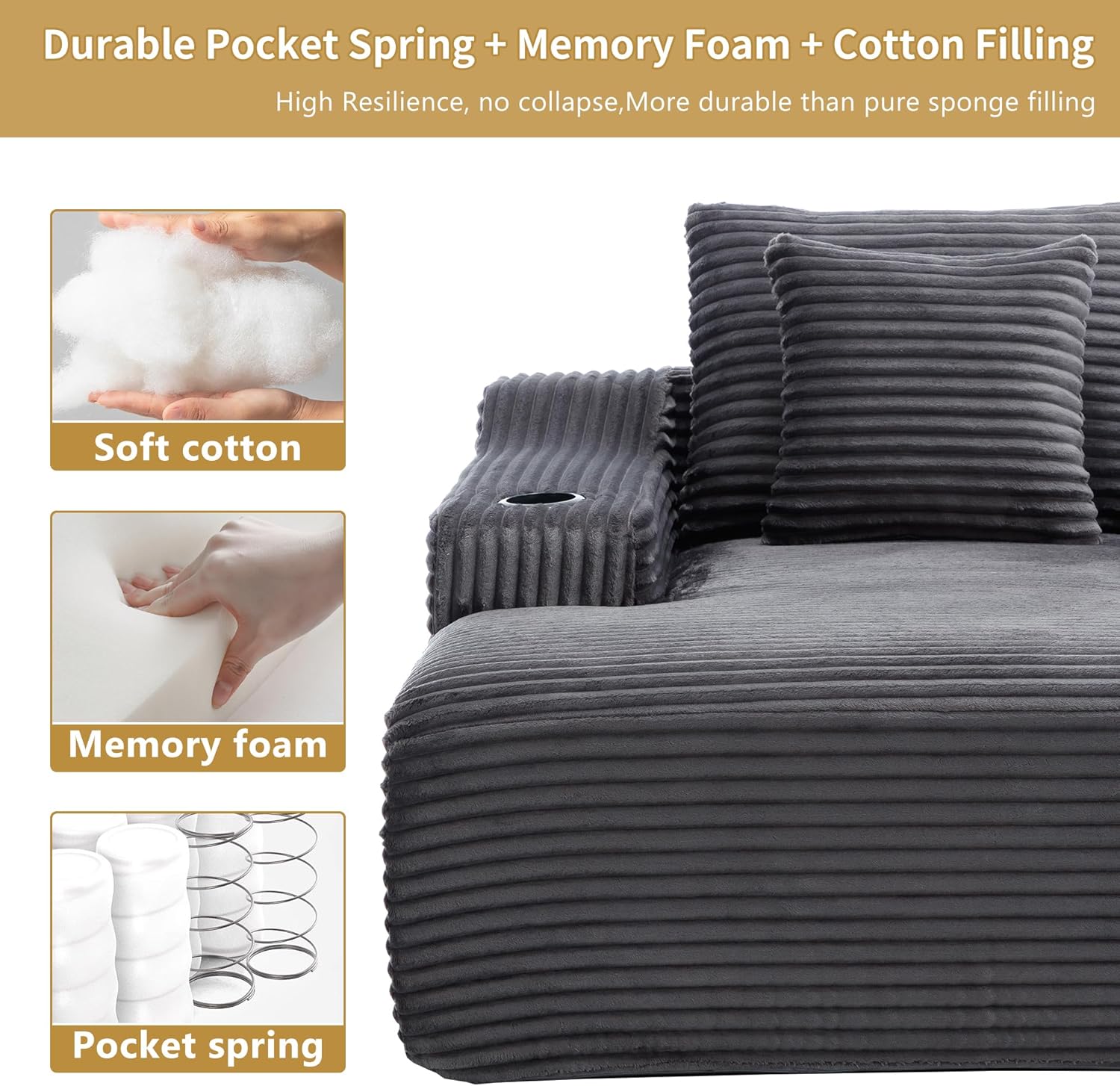 67" Oversized Chaise Lounge Chair Indoor, Soft Boneless Cloud Couch Chair with Wide Armrest Pillows and Cup Holders, Comfy Corduroy Sofa Bed Sleeper Couch for Living Room No Assembly Require,Dark Grey