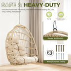 RADIATA All-Weather Swing Egg Chair No Stand, 350lbs Outdoor Sturdy Wicker Hammock Seat with Cushions, Comfy Portable Hanging Egg Basket Seat for Balcony Patio Bedroom Tree or Ceiling, Beige