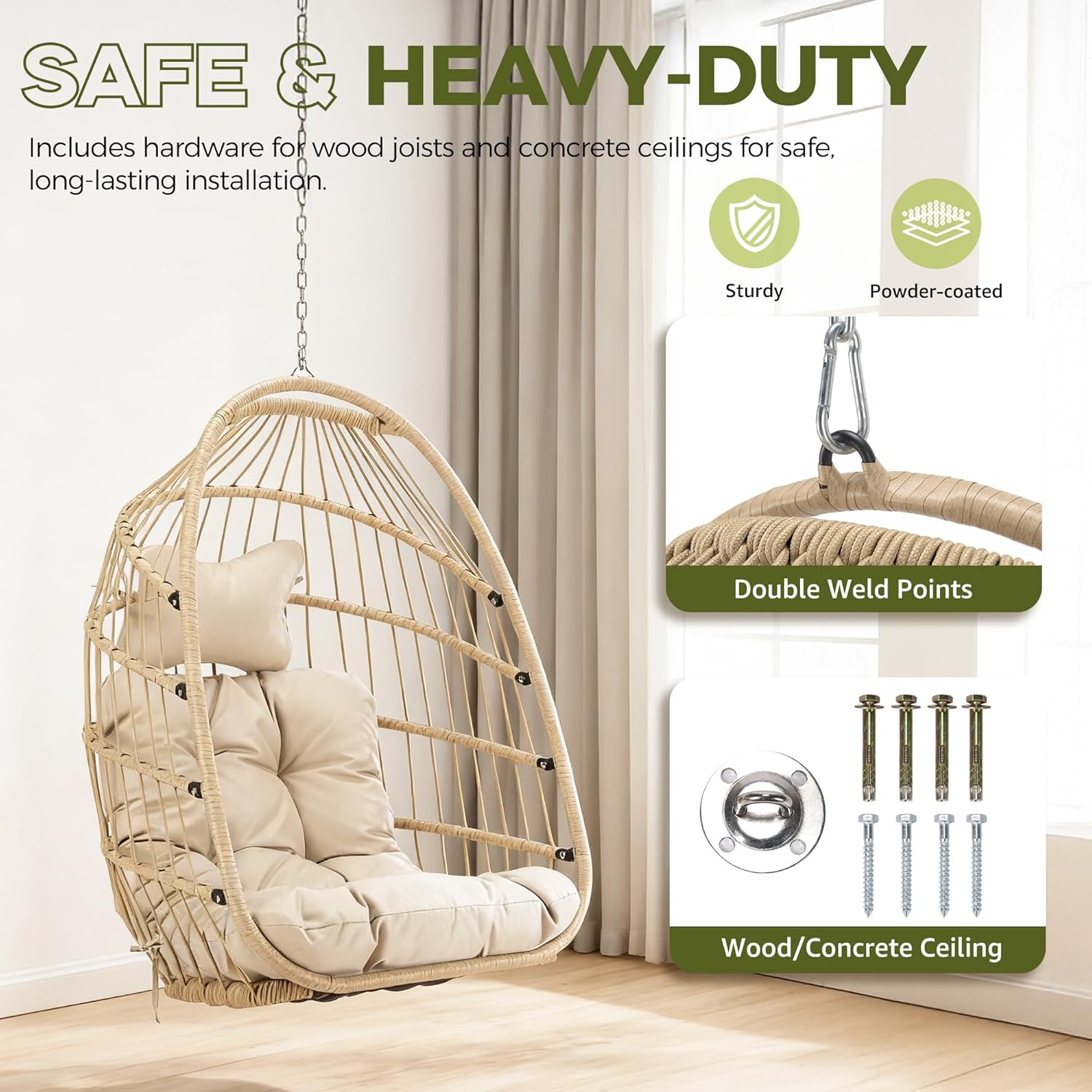 RADIATA All-Weather Swing Egg Chair No Stand, 350lbs Outdoor Sturdy Wicker Hammock Seat with Cushions, Comfy Portable Hanging Egg Basket Seat for Balcony Patio Bedroom Tree or Ceiling, Beige