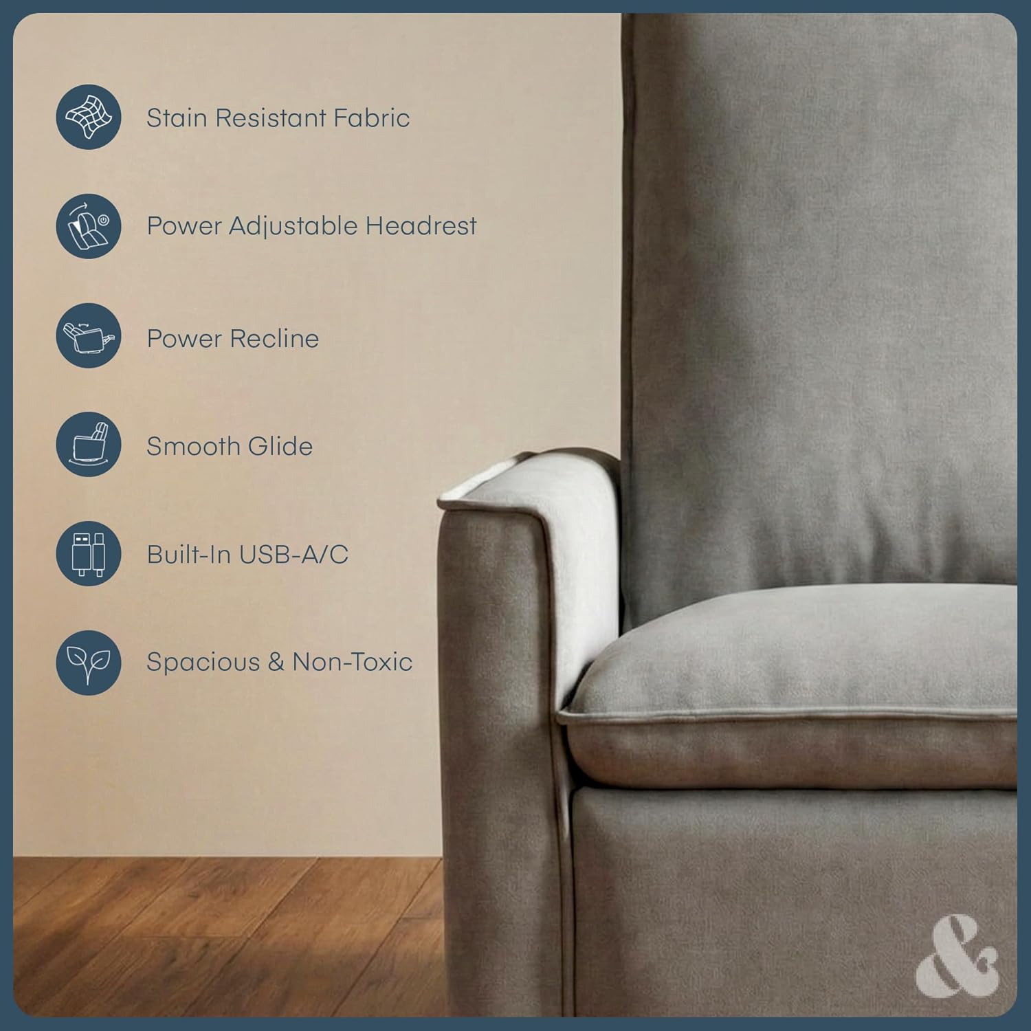 Nurture& Montauk Power Glider Recliner – Premium Nursery Recliner Chair with USB‑A/C, Adjustable Headrest & Gentle Glide, Stain‑Resistant Upholstery, Comfortable & Space‑Smart, Gray