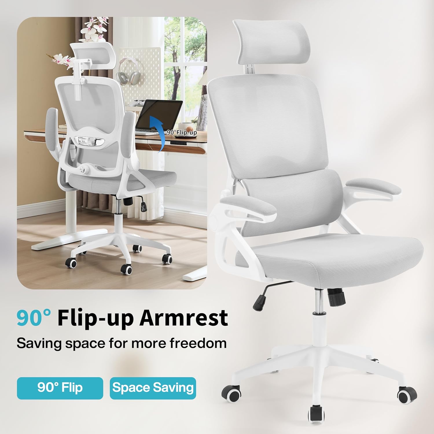 Ergonomic Office Chair,Mesh Office Chair with Lumbar Support,High Back Desk Chair with Flip-up Arms,400 lbs Big and Tall Computer Chair with Headrest,Comfy Desk Chairs (Light Grey)