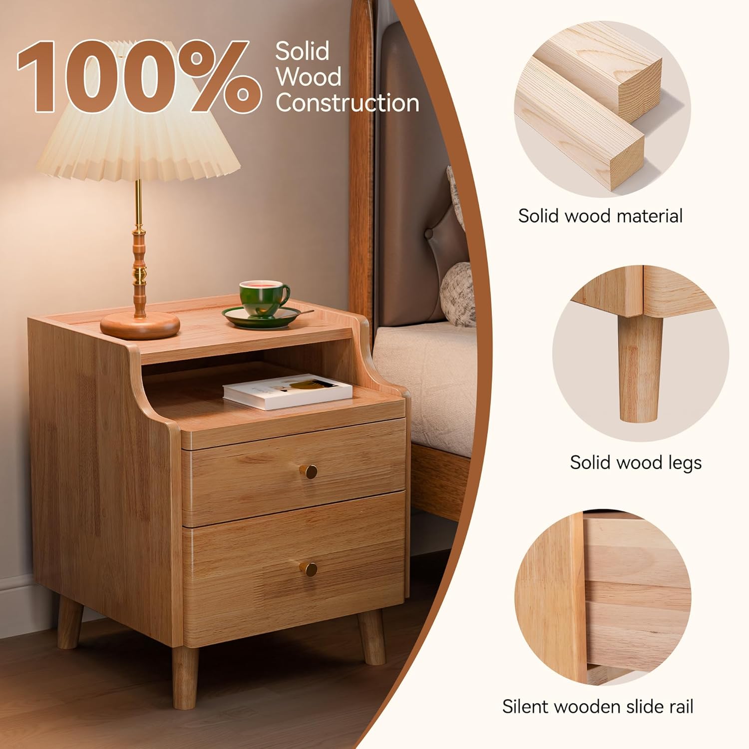 Nightstand Set of 2, Pre-Assembled, 19.7“H Solid Wood Night Stand with 2 Drawers, Open Sliding Shelf, Mid Century Modern Small Bedside Table for Bedroom, Natural Oak 16"