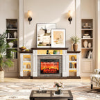 72'' Fireplace TV Stand with Outlet & LED, Electric Fireplace with Mantel, Entertainment Center with Storage for TVs Up to 80 Inch, 23'' Fireplace Heater Insert with 3D Flame Effect for Living Room