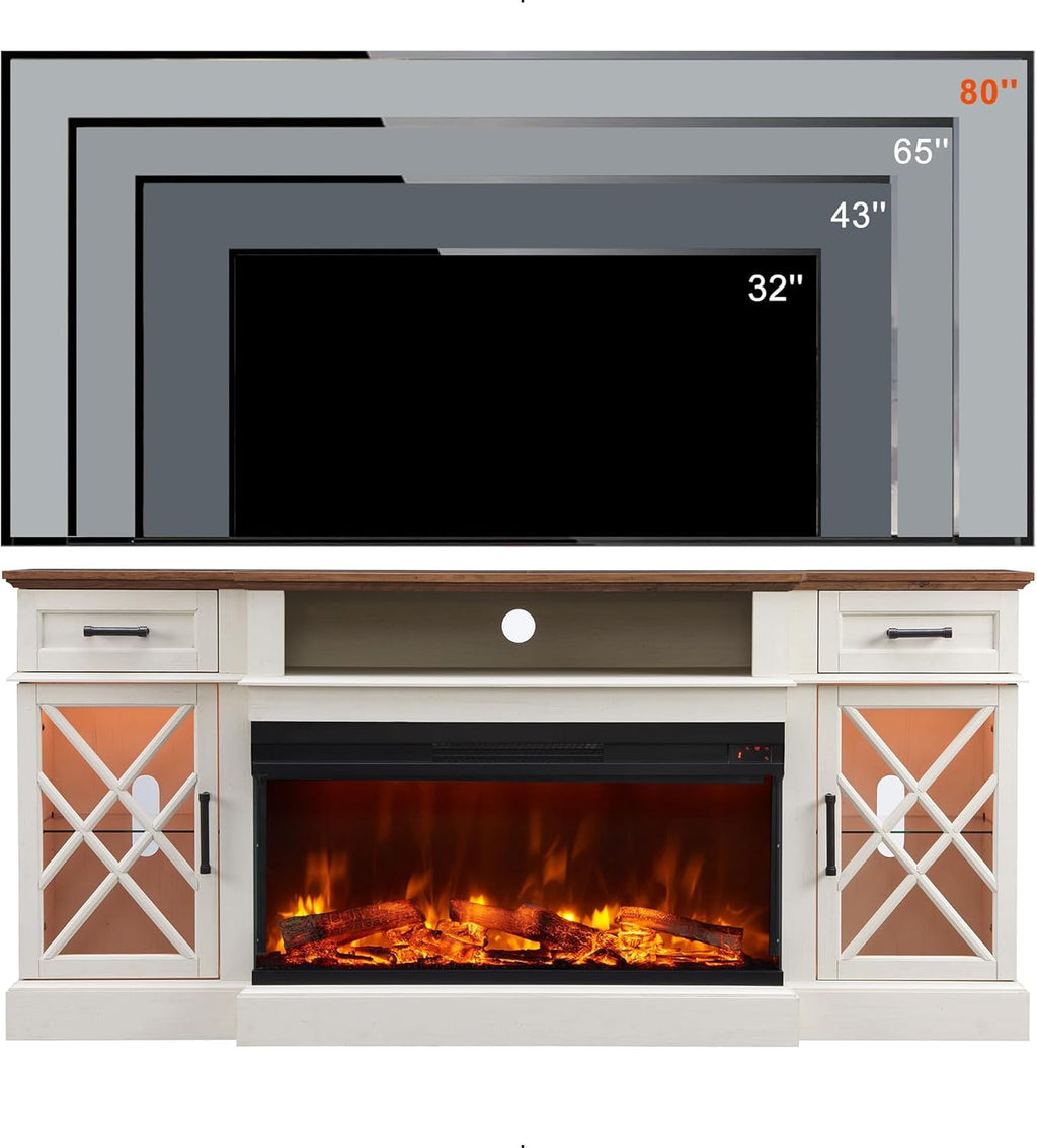 OKD 3-Sided Glass Farmhouse Electric Fireplace TV Stand for TVs up to 80'', Highboy Entertainment Center with Glass Door Storage Cabinet, 70'' Large TV Stands with 36'' Fireplace, Antique White