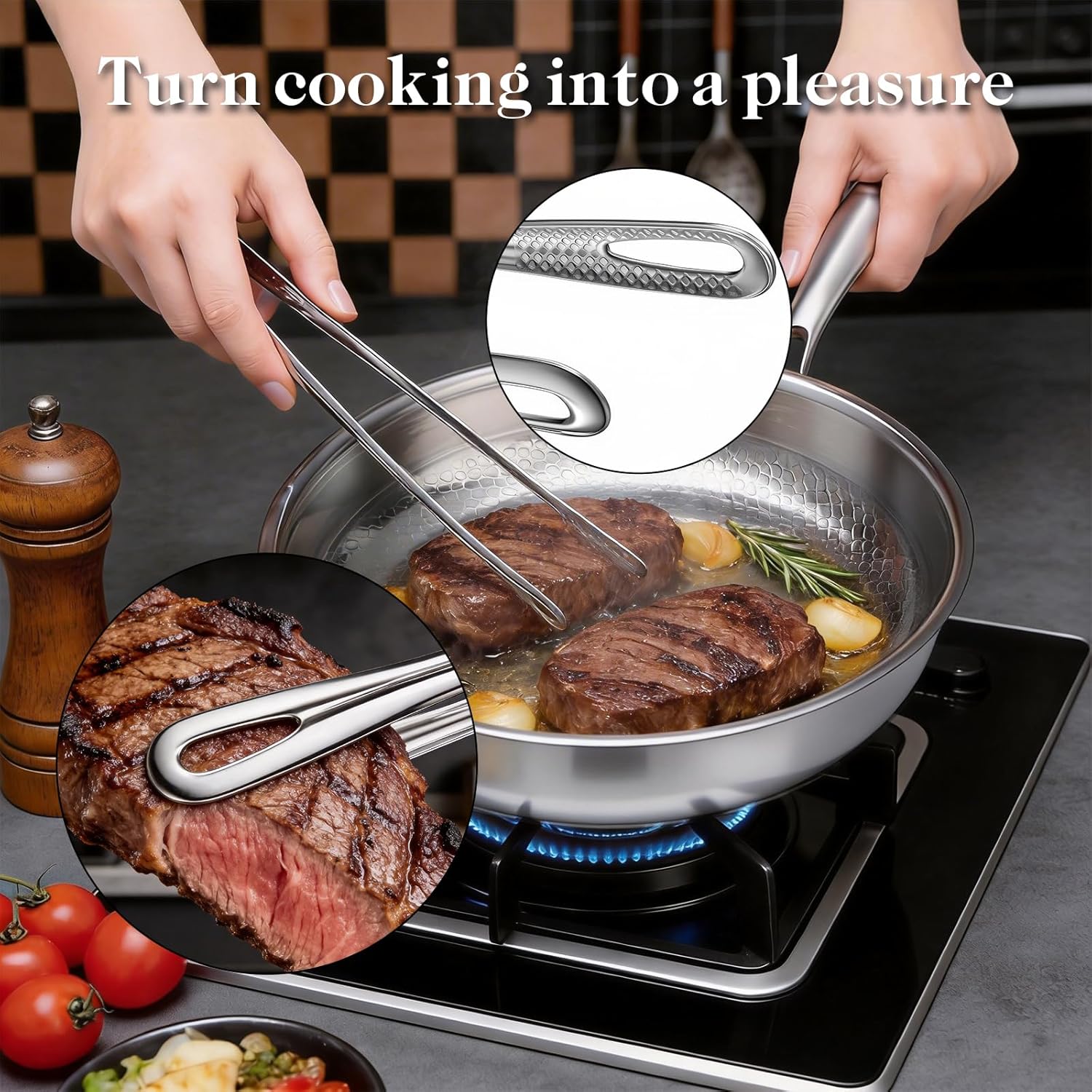 12 Inch Titanium Nonstick Frying Pan, 5-Layer Hammered Titanium-Alloy Skillet with Lid, PFOA/PFOS/Lead/Cadmium Free, Oven & Dishwasher Safe, Induction Cooktop Compatible