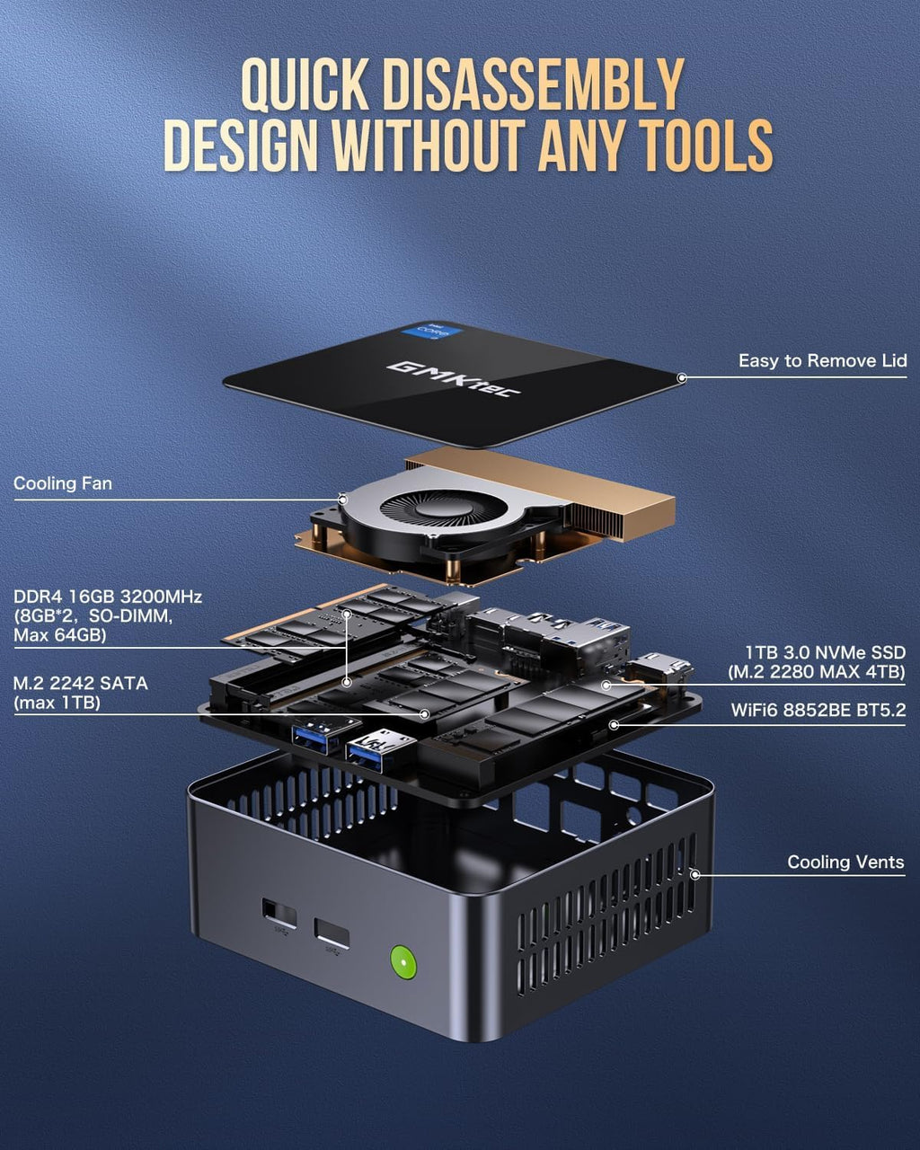 GMKtec Mini PC with Intel Core i7-1185G7 Processor (Up to 4.8 GHz) 16GB DDR4 1TB SSD NIC i226V RJ45 2.5G Iris Xe Graphics USB4.0 Desktop Mini Computers WiFi 6  BT 5.2/ DP  HDMI M2