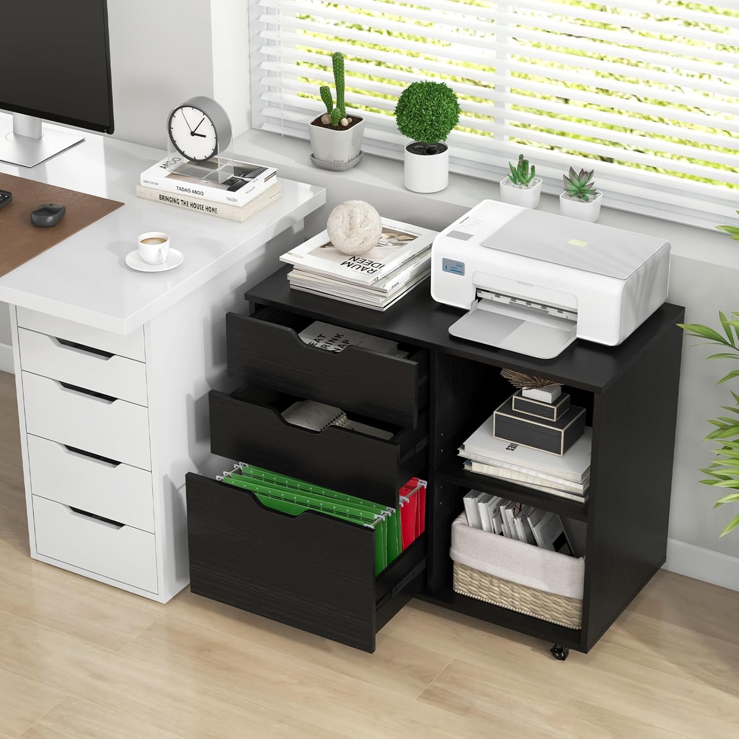 LOKO 3-Drawer File Cabinet, Mobile Printer Stand Cabinet with Adjustable Shelf, Rolling Lateral Filing Cabinet with Wheels for Letter, A4, Legal Size, for Home Office Organization (Black)