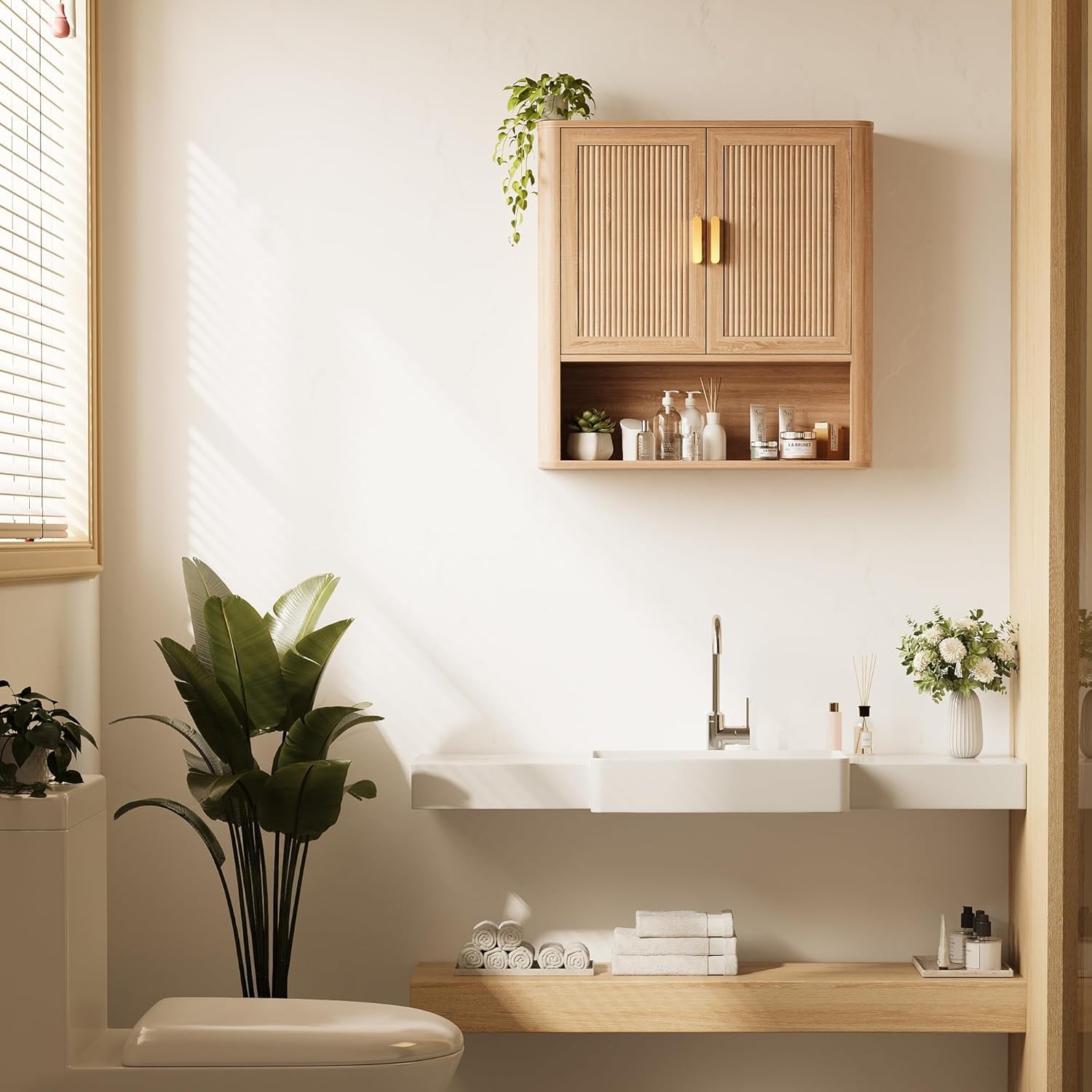 INNOD Bathroom Wall Storage Cabinet, Medicine Cabinet with Adjustable Wood Shelf & Doors, Over the Toilet Storage Cabinet for Laundry Room & Living Room Kitchen Storage Islands (Natural Oak)