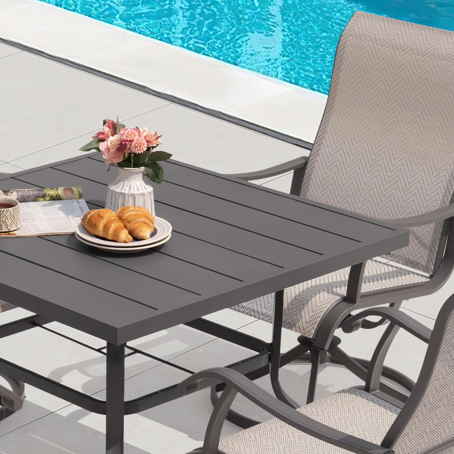 NUU GARDEN 37" Outdoor Patio Table, Square Steel Slat Dining Table for 4 with 1.57" Umbrella Hole, Powder-Coated Iron Frame and Slatted Top for Patio, Garden and Balcony, Gray