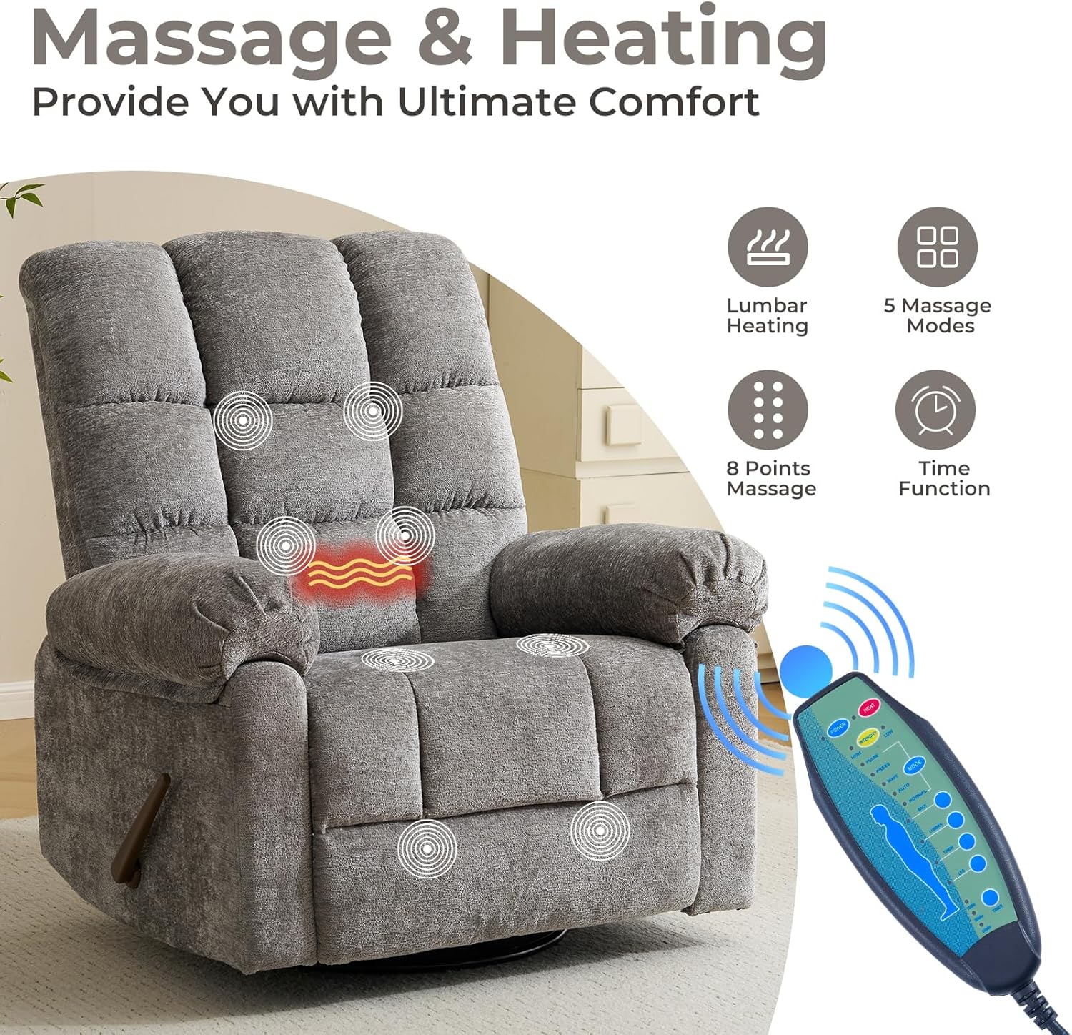 Swivel Rocker Recliner Chair with Heat and Massage, Oversized Rocker Recliner with Overstuffed Backrest,Swivel Glider Recliner for Living Room,Grey