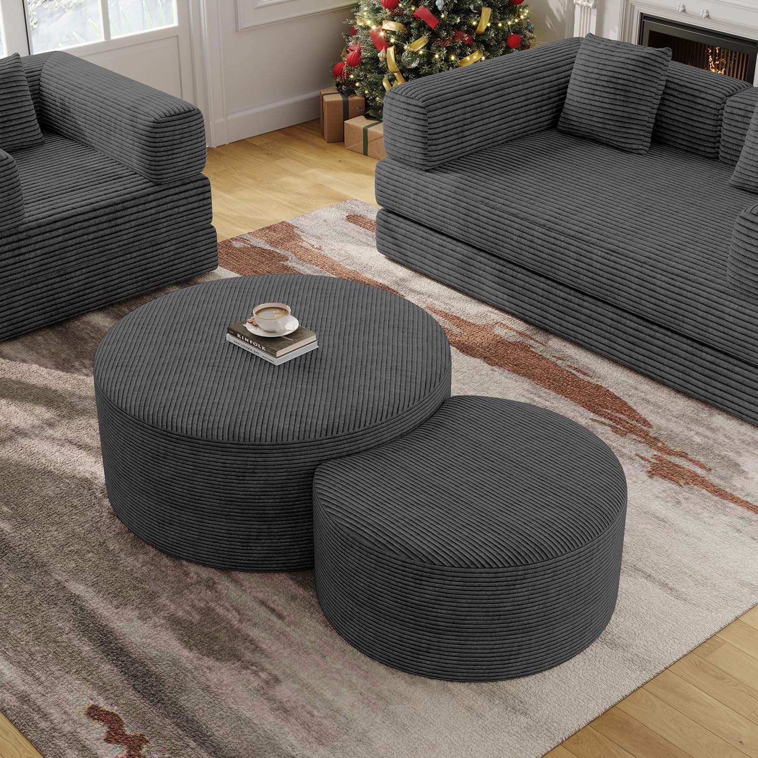 BSHOMGI Nesting Coffee Table Set of 2, Round Corduroy Modular Sectional Sofa Stool Circle Foam Side Table for Living Room, Entryway and Small Spaces No Assembly (Dark Gray, 32"+17")