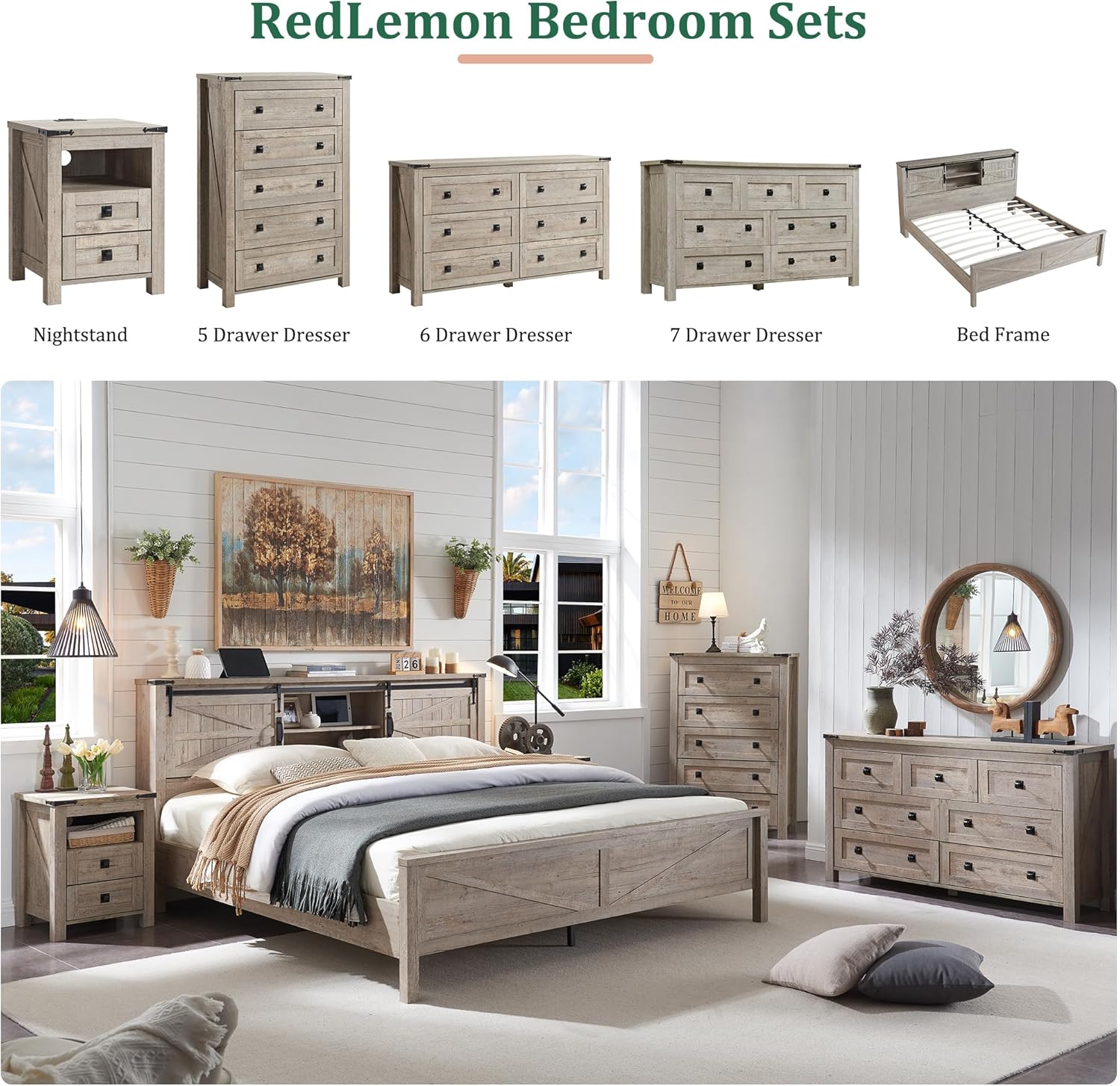 RedLemon Farmhouse 6 Drawer Dresser for Bedroom, 54 Inch Wide Rustic Wood Dresser TV Stand, Dresser Chest of Drawers for Closet, Living Room, Hallway, Light Rustic Oak