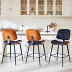 Mid Century Modern Bar Stools Set of 3 for Kitchen Island,Upholstered Black Faux Leather Counter Height stools,26 Inch Counter stools with Walnut Grain Back