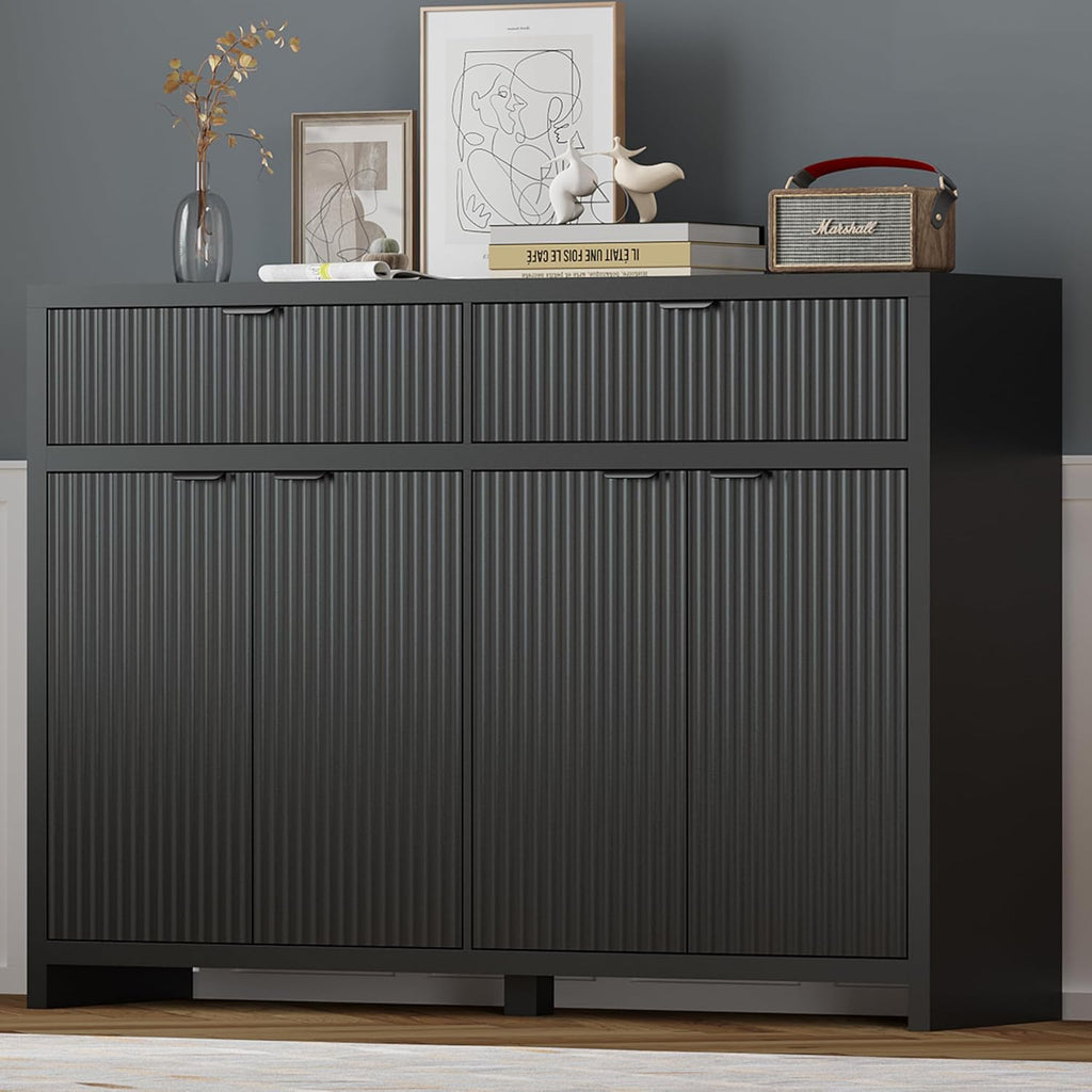 Fluted Sideboard Buffet Cabinet with Storage and Large Drawers, 55" Credenza Storage Cabinet for Living Room & Entryway, Farmhouse Buffet Table with Adjustable Shelves, Console Cabinet, Balck