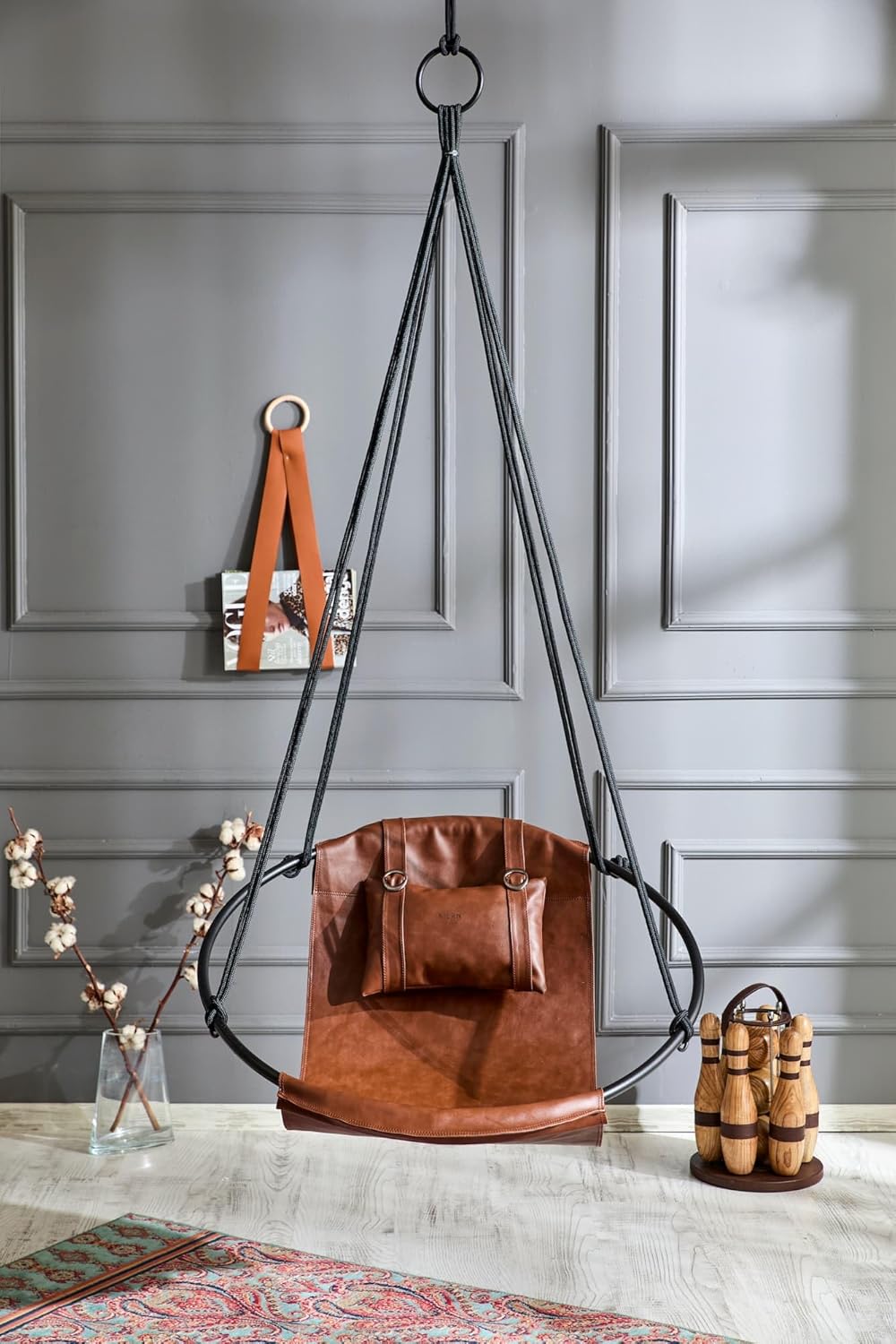 Hanging Egg Chair - Handmade Scandinavian Style Hammock Swing Chair, Hanging Chair for Bedroom, Indoor & Outdoor Patio Swing, Double-Layered Faux Leather